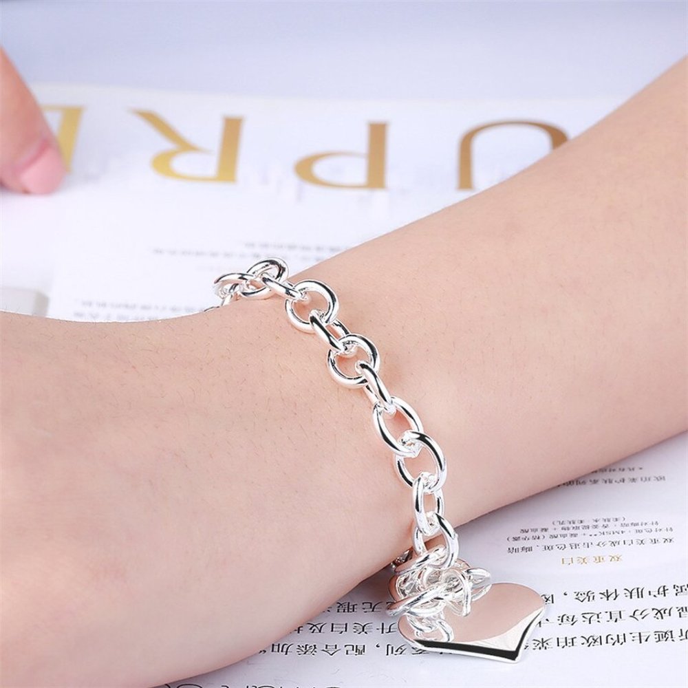 925 Silver Heart Chain Link Bracelet - Picture 4 of 10